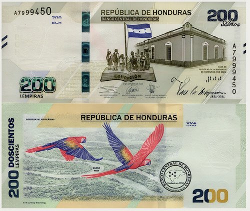 Billete De Honduras De 200 Lempiras Loro Rojo Nvo Sin C 2021