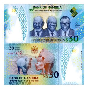 Billete De Namibia 30 Dollars 2020, Rinocerontes - Polímero