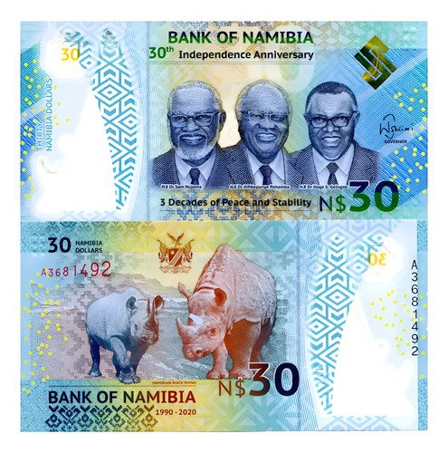 Billete De Namibia 30 Dollars 2020, Rinocerontes - Polímero