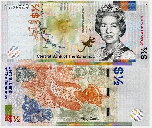 Billete De Bahamas 1/2 Dollar, Reina Isabel Ll 2019 Nuevo