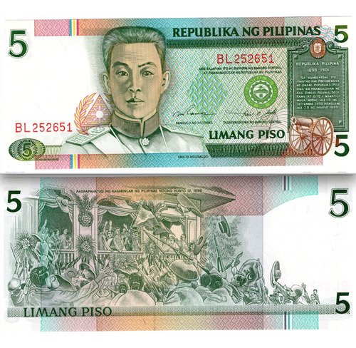 Billete De Filipinas 5 Piso E. Aguinaldo, Nuevo Sin Circular