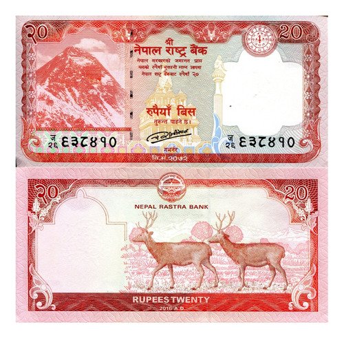 Billete De Nepal 20 Rupees, Monte Everest Y 2 Ciervos, 2020