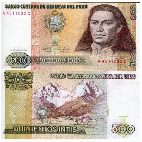 Billete De Perú 500 Intis 1987 Nuevo Sc. Túpac Amaru Y Andes