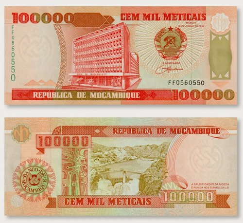 Billete De Mozambique 100,000 Metical Nuevo S. Circular 1993
