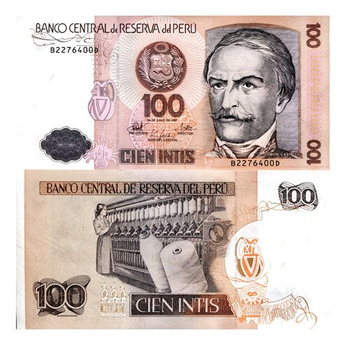 Billete De Perú 100 Intis, Ramón Castilla, Nuevo Sin C. 1987