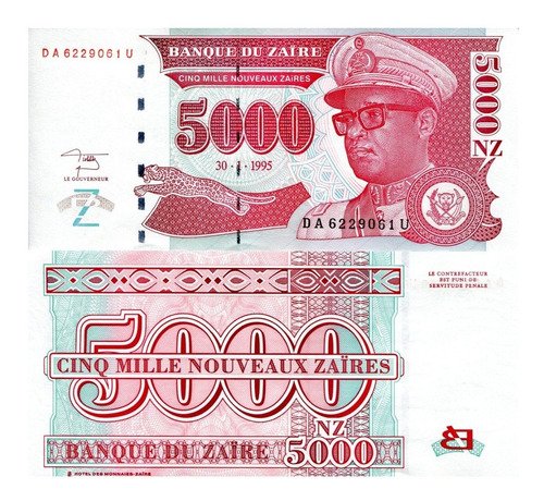 D_768910-MLM50215479936_062022-O.jpg Billete De Zaire 5,000 Zaires, Nuevo 1995, Dictador Mobutu
