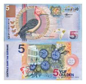 Billete De Surinam 5 Gulden Nuevo 2000, Pájaro Carpintero