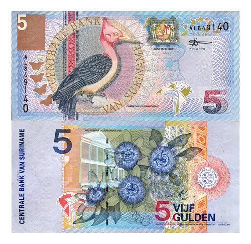 Billete De Surinam 5 Gulden Nuevo 2000, Pájaro Carpintero