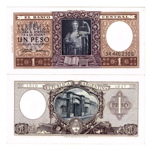 Billete De Argentina 1 Peso Efigie La Justicia 1956 Nuevo Sc