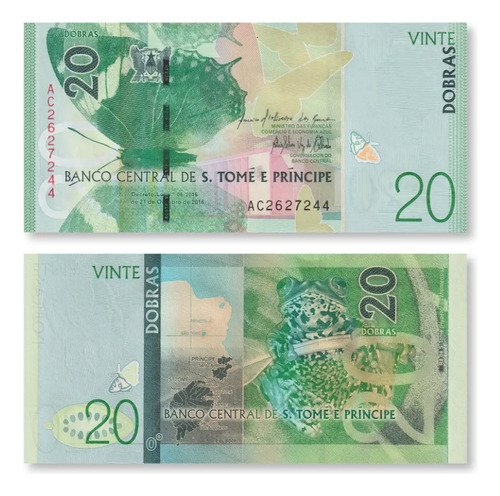 Billete De Santo Tomé Y Príncipe 20 Dobras, Rana Y Mariposa