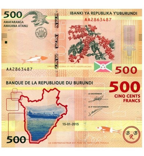 Billete De Burundi 500 Francos Nvo S C 2015 Cocodrilo Y Café
