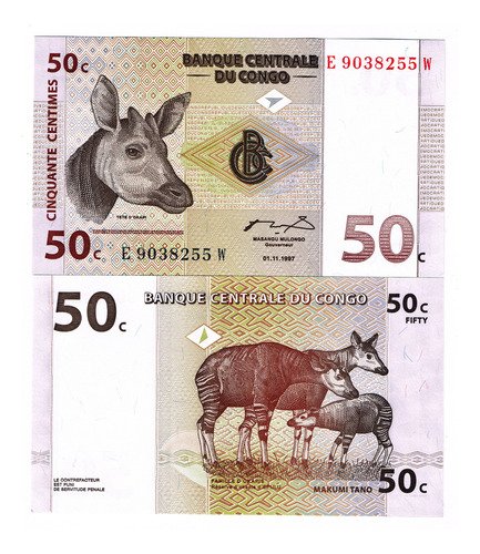 D_875665-MLM76261946788_052024-O.jpg Billete Del Congo 50 Centimos De Franco Okapi 1997 Nuevo S C