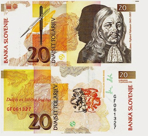 Billete De Eslovenia De 20 Tólar 1992 Janez V Valvasor Nvo.