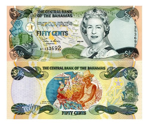 Billete De Bahamas 1/2 Dollar, Reina Isabel Il 2001 Nvo. S C