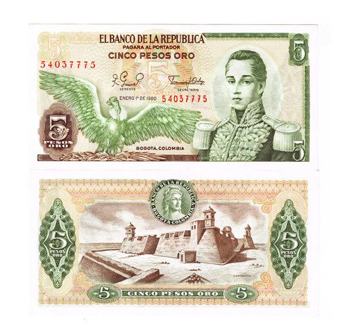 Billete De Colombia 5 Pesos Oro, Cóndor Nuevo Sin Circ. 1980