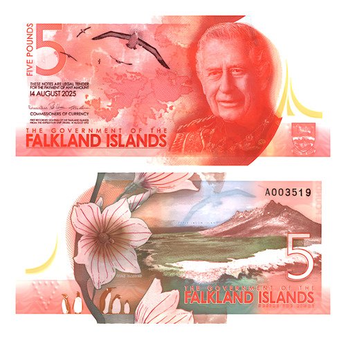 Billete De Islas Falkland 5£ Pounds Carlos Ill Polímero 2025