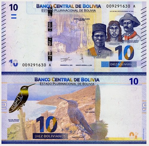 D_953040-MLM51531230225_092022-O.jpg Billete De Bolivia 10 Bolivianos Nuevo Pájaro Picaflor 2018