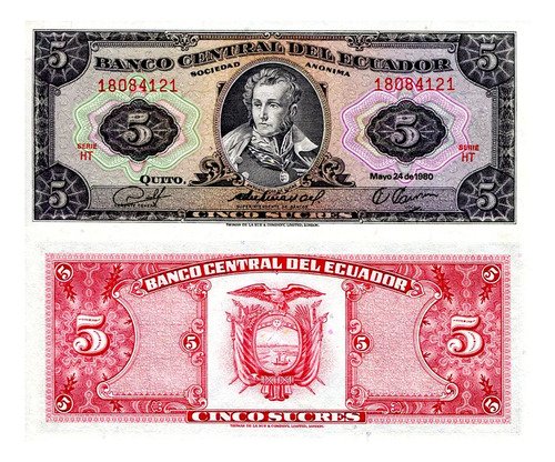 Billete De Ecuador De 5 Sucres, José De Sucre, 1979 Nuevo Sc