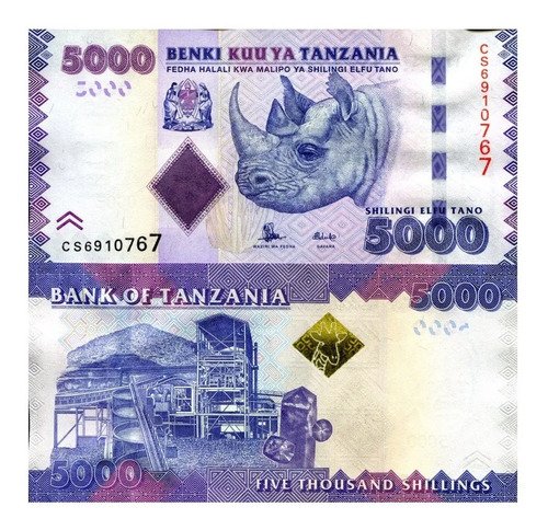 Billete De Tanzanía De 5,000 Chelines 2020 Nuevo Rinoceronte