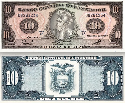 Billete De Ecuador 10 Sucres, Sebastián Benalcázar 1988 Nvo.