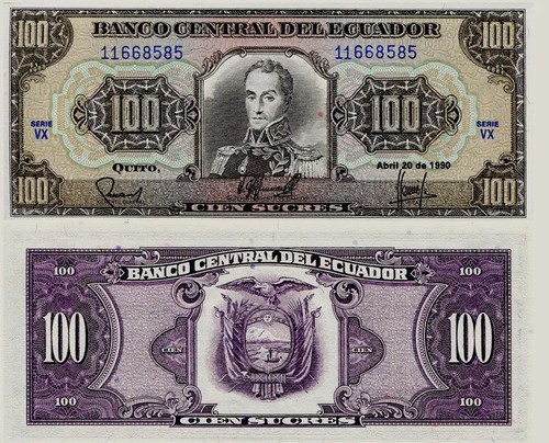D_989310-MLM69606075748_052023-O.jpg Billete De Ecuador 100 Sucres, Simón Bolívar 1986 Nuevo Sinc