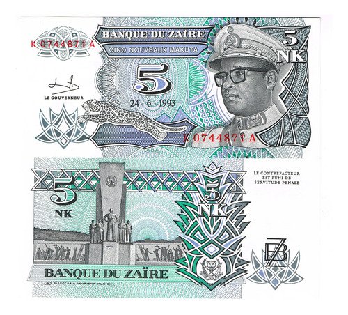 D_991977-MLM80489951218_112024-O.jpg Billete De Zaire 5 Nuevos Makutas, Dictador Mobutu Nvo. 1993