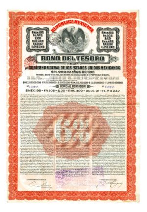 Bono Del Tesoro De 1913 $195 Sin Cup. Emitido Por V. Huerta