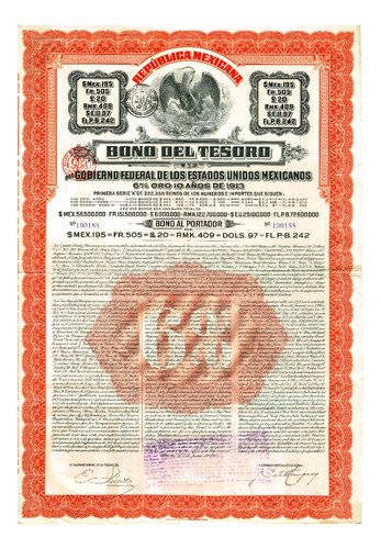 D_602133-MLM95308413080_102025-O.jpg Bono Del Tesoro De 1913 $195 Sin Cup. Emitido Por V. Huerta