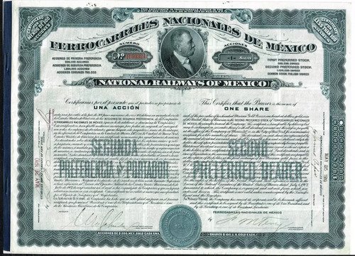 Acción Antigua De Ferrocarriles De México 1908 Porfirio Díaz