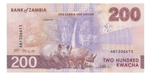 Billete De Zambia 200 Kwacha Águila Pesca Y Rinoceronte 2024