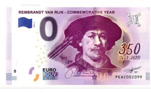 Billete 0 Cero Euro Souvenir Holanda Rembrandt Van Rijn 2019