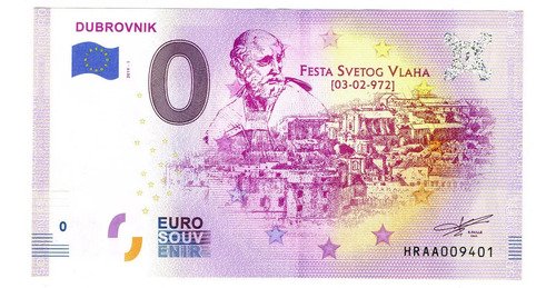 Billete 0 Cero Eurosouvenir Dubrovnik San Blas, Croacia 2019
