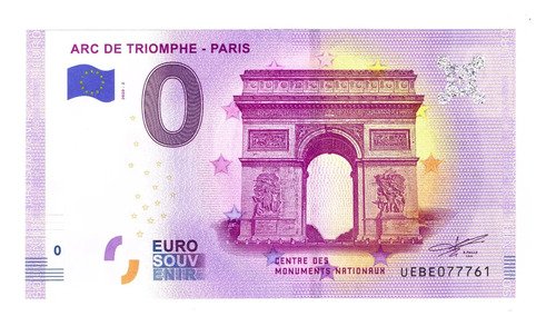 Billete 0 Cero Euro Souvenir Arco Del Triunfo De Paris, 2020