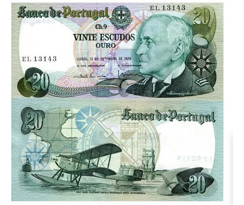 Billete De Portugal 20 Escudo Almirante Gago Hidroavión 1978