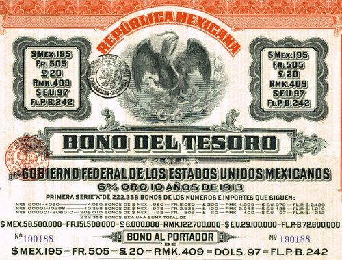 D_735644-MLM73513040212_122023-O.jpg Bono Del Tesoro De 1913 $195 Sin Cup. Emitido Por V. Huerta