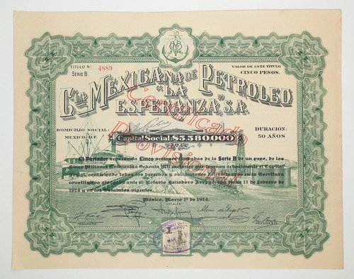 Acción De La Cía Mexicana De Petroleo La Esperanza, De 1914