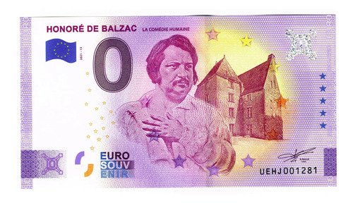 Billete 0 Cero Euro Souvenir Honorato De Balzac Francia 2021