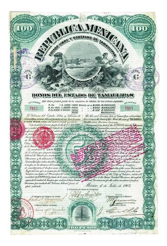 Bono Del Edo. De Tamaulipas $100 De 1903, En Plata Sin Cupón