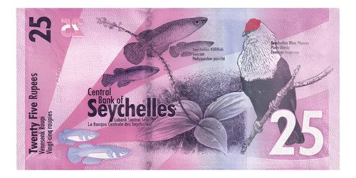 Billete De Seychelles De 25 Rupees Petirrojo Urraca 2016 Nvo