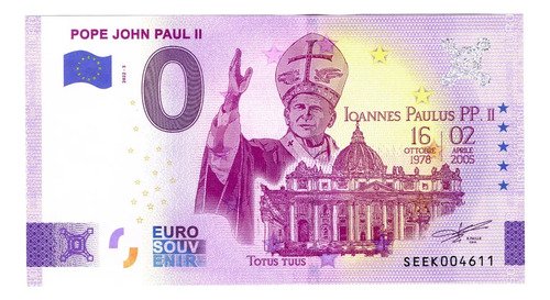 Billete 0 Cero Euro- Souvenir Juan Pablo Il, Vaticano 2022