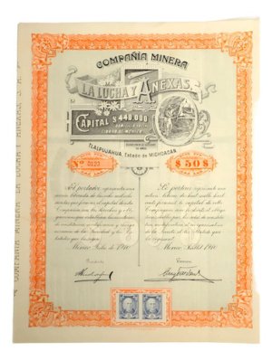 Acción Cía Minera La Lucha De Tlalpujahua, Michoacán De 1910