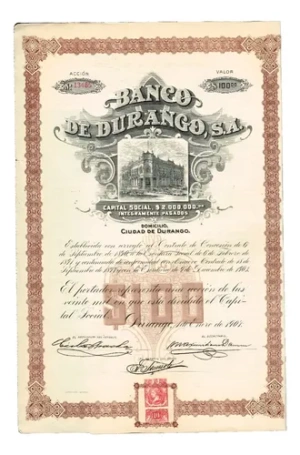 Una Acción Del Banco De Durango De $100 De 1907(con Cupones)