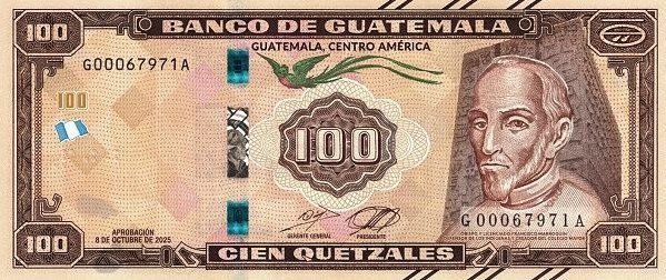 Anverso del billete de Guatemala 100 Quetzales 2025, conmemorativo