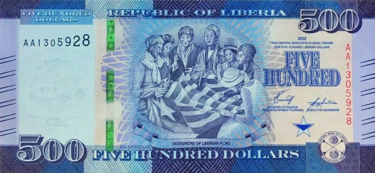 Anverso del billete de Liberia 500 Dólares 2022